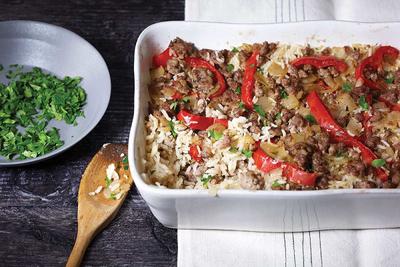 Baked Rice with Sausage and Peppers
