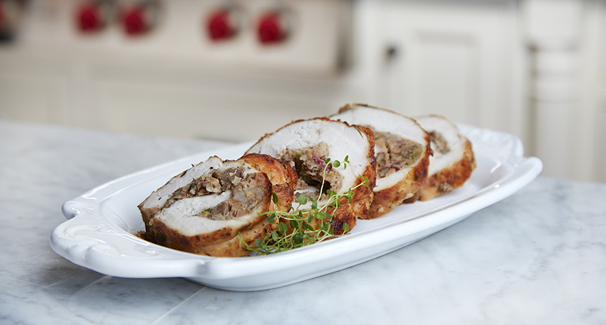 Turkey Roulade with Herbed Cornbread Stuffing and Apple Cider Gravy
